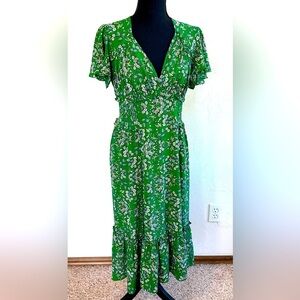 Max Edition Floral Green V Neck Flutter Sleeve Ruffle Detail Midi Dress Sz S